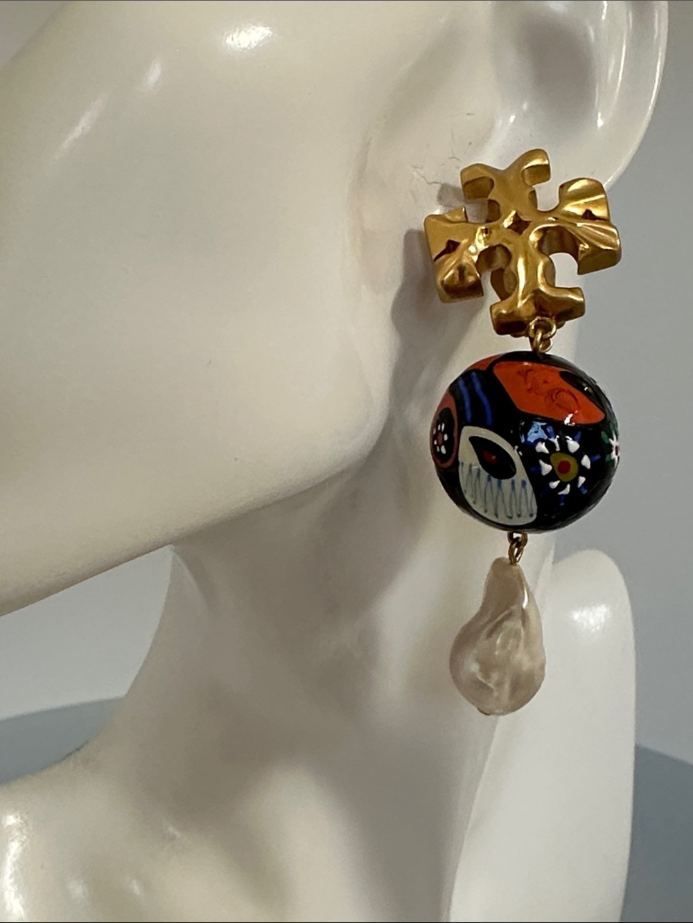 Tory Burch Gold Logo Multicolor Painted Bead &real Pearl Drop Earrings